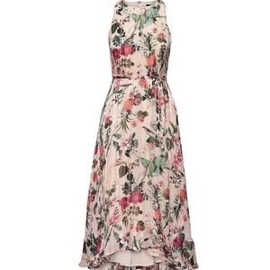 Romantic Flowy Botanical A-line Midi Tie-Waist Garden Party Wedding Guest Dress